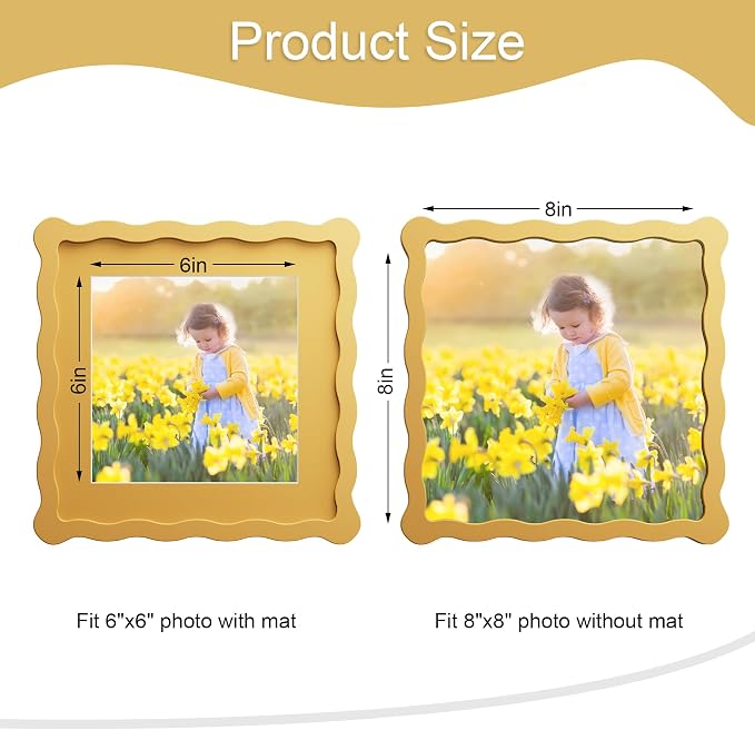8x8 Picture Frame with Mat for 6x6, Wavy Edge Wooden Real Glass Photo Frame for - Image 3