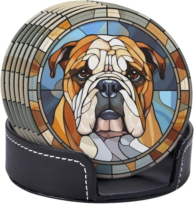 Drink Coaster Set of 6, Bulldog Dog Mom Lover Gift, Leather Drink Coasters - Image 3
