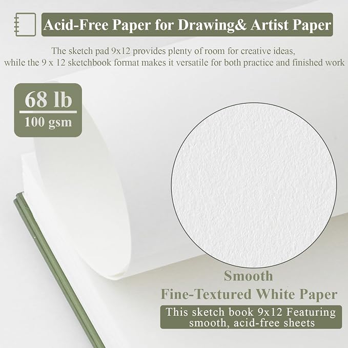 9 x 12 Sketchbook, 68lb/100gsm Sketch Pad 100 Sheets Spiral Bound Acid Free - Image 3