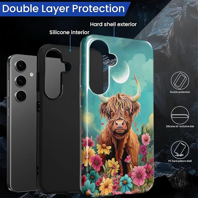 for Samsung Galaxy S24 Plus Case, Highland Cow Flower Pattern Glossy 2 in 1 - Image 3