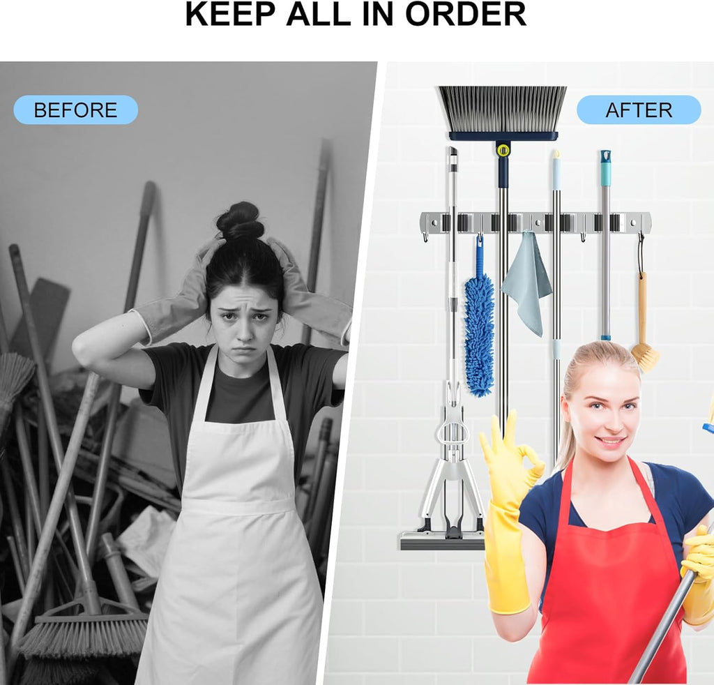 nacena Broom holder Wall Mount, 2-Pack Stainless Steel Self-Adhesive Mop and Broom Hooks Heavy Duty Broom and Mop Storage Rack laundry room organization Garage Organizer for Kitchen Garden garage