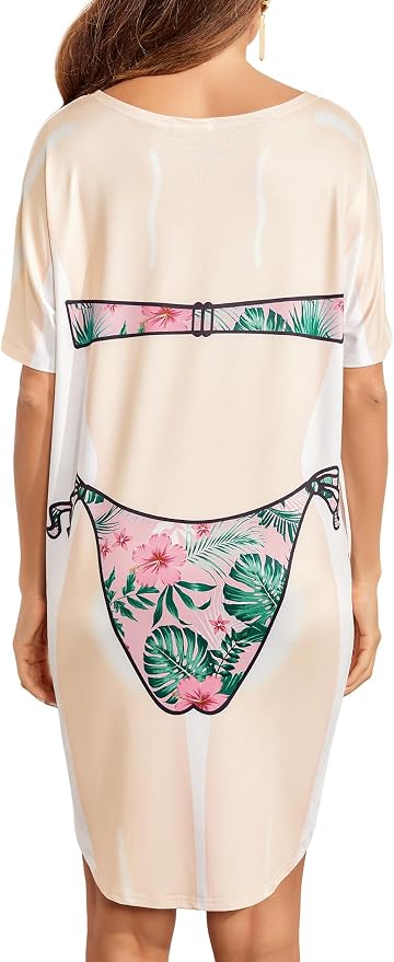 Ekouaer Women's Bikini Shirt Cover Up Short Sleeve Cute Bikini Print Cover-Up - Image 2