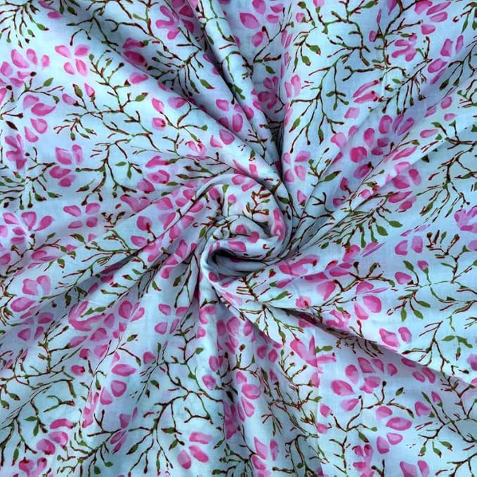 E-Tailor® Indian Ethnic 100% Cotton Voile Running Hand Block Print Natural by E-Tailor