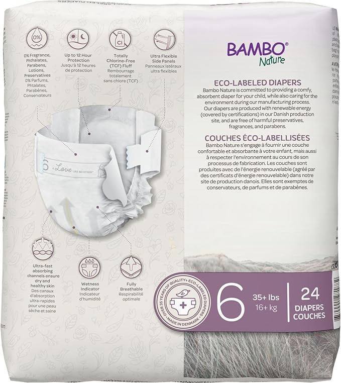 Bambo Nature Hypoallergenic Dream Baby Diapers, Premium Eco-Labeled Sustainable Diapers, Enhanced Leakage Protection, Totally Chlorine-free, Skin Friendly, and Super Absorbent - Size 6 (288 Count)