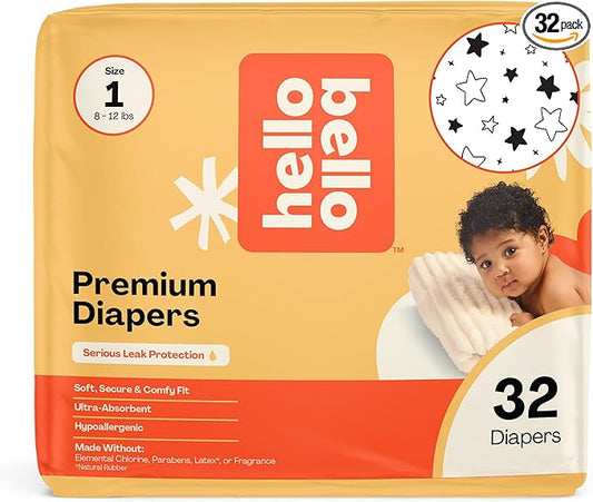 Hello Bello Diapers, Size 1 (8-12 lbs) Superstars, 32 Count of Premium Disposable Baby Diapers, Hypoallergenic with Soft, Cloth-Like Feel