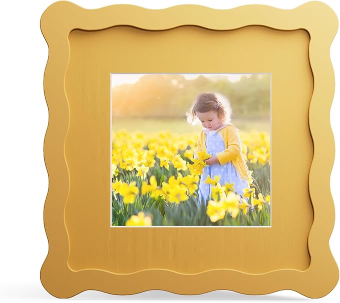 6x6 Picture Frame with Mat for 4x4, Wavy Edge Wooden Real Glass Photo Frame for by THKRLOF