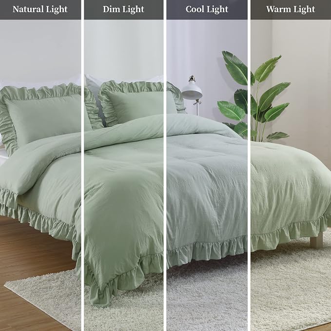 Sage Green Ruffled Duvet Cover Twin, Sage Green, 68x90 in - Image 7