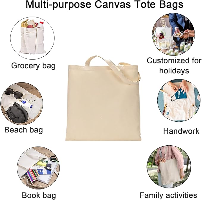 FunisFun 12 Pack Blank Canvas Tote Bags, Reusable Grocery Bag - Image 4