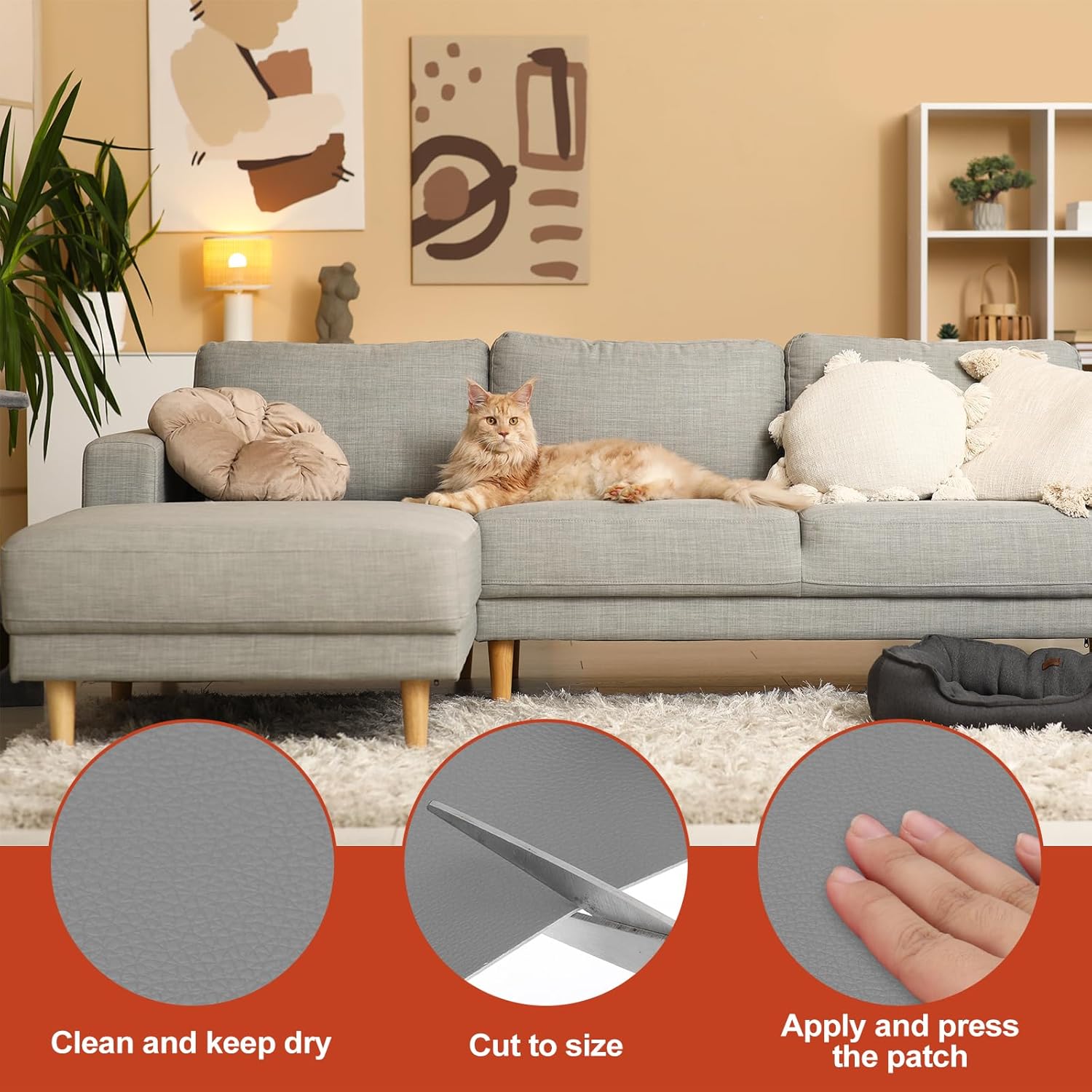 PATIKIL Leather Patches Tape for Furniture, 6.3 x 61 Inch Self Adhesive Vinyl Leather Repair Kit Cover Sheet for Couch, Sofa, Car Seats, Office Chair, Light Gray