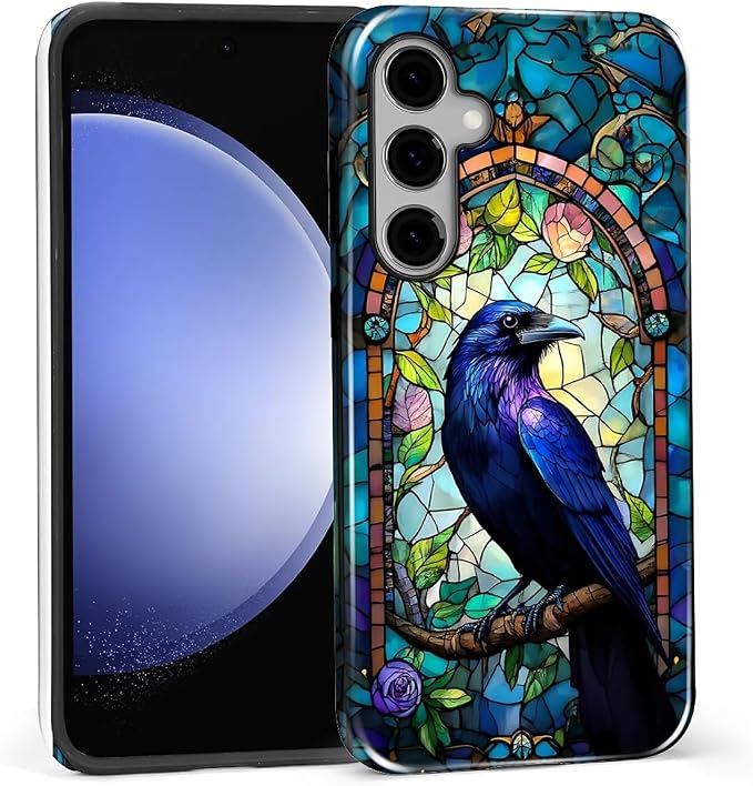for Samsung Galaxy S25 FE Case, Crow Faux Stained Glass Pattern Glossy 2 in 1 - Image 3