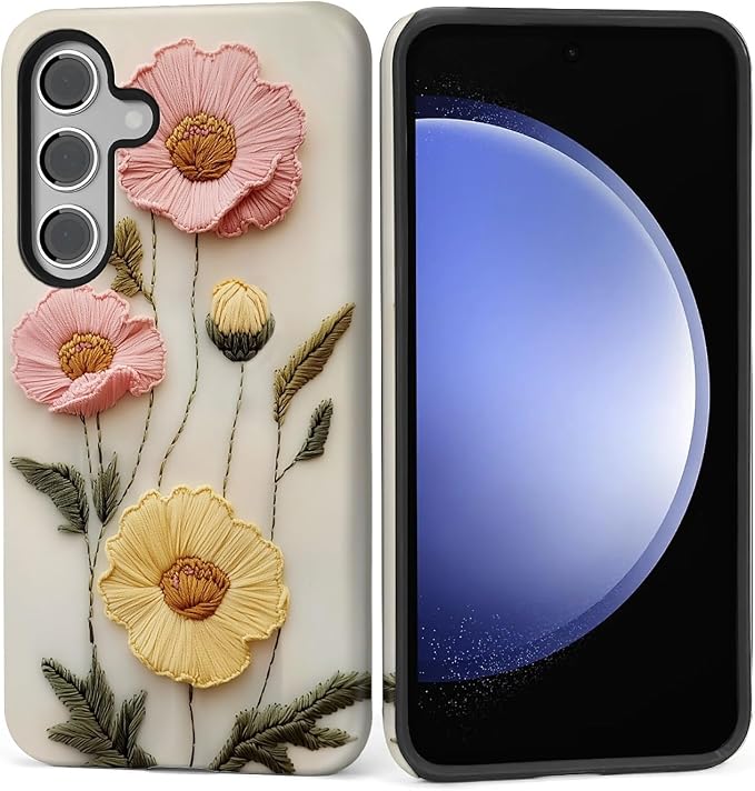 Case for Samsung Galaxy S25 FE, Faux Embroidery Boho Floral Design Hybrid Dual by Kapadiy