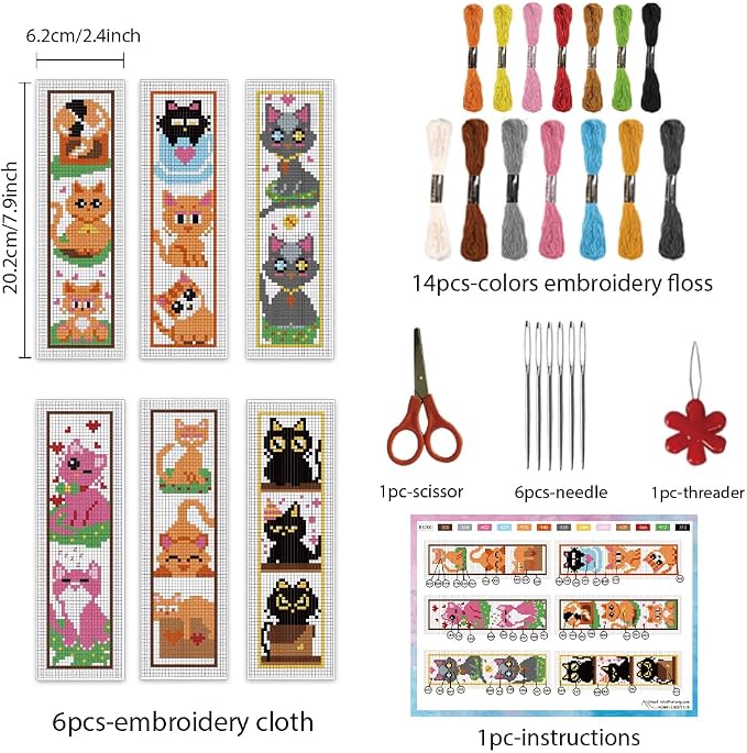 INFUNLY 6 Set Cat Cross Stitch Bookmark Kits Carton Kitten DIY Cross Stitch Kit - Image 2