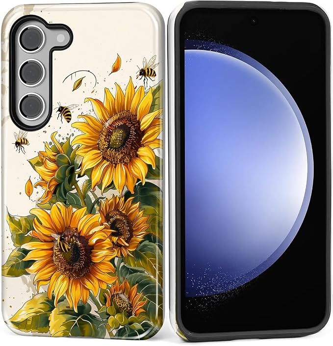 for Samsung Galaxy S23 Plus Case, Sunflowers Bees Pattern Glossy 2 in 1 by Teonvpu
