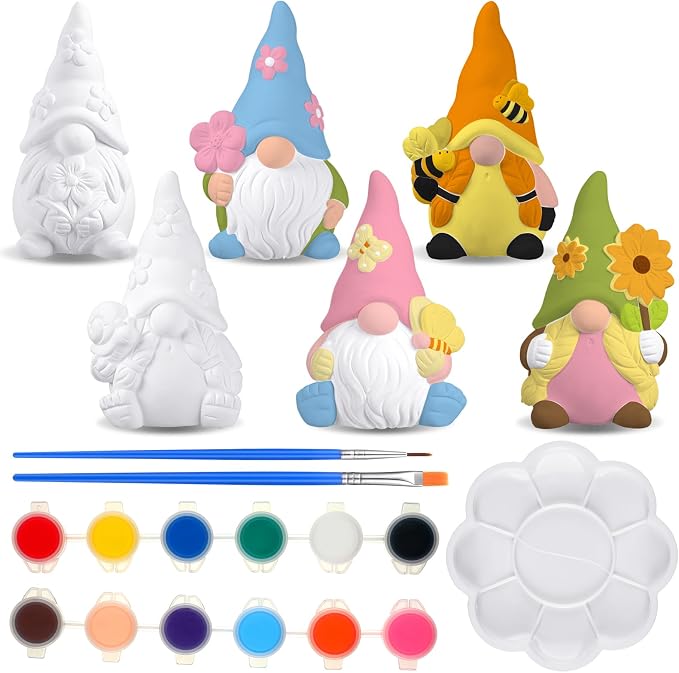 Poen 6 Sets Ready to Paint Your Own Ceramic Gnome Statues Summer DIY Unpainted by Poen