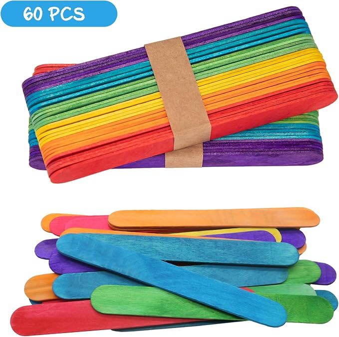 WISYOK 60 Pcs 6” Colored Jumbo Wooden Craft Sticks, Rainbow Wooden Popsicle - Image 2