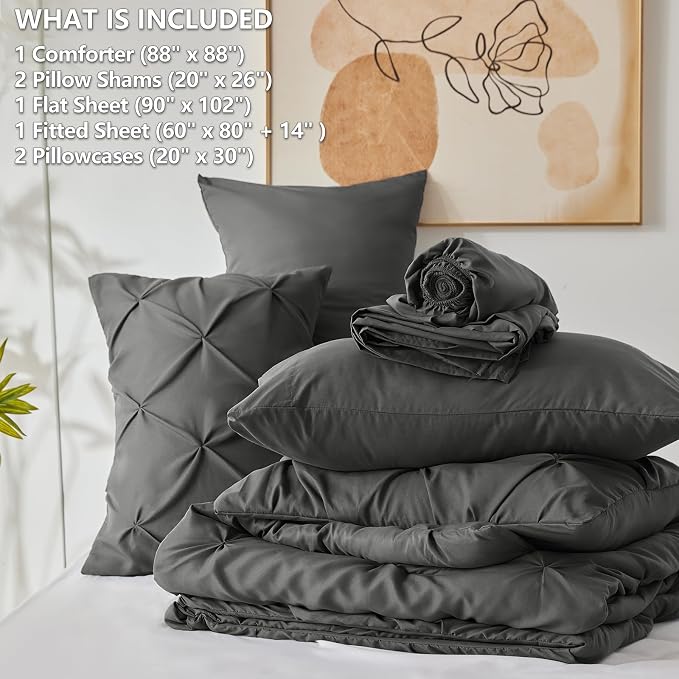 HIMEET Pintuck Bed in a Bag, 7 Pieces Queen Size Comforter Set Dark Grey - Image 8