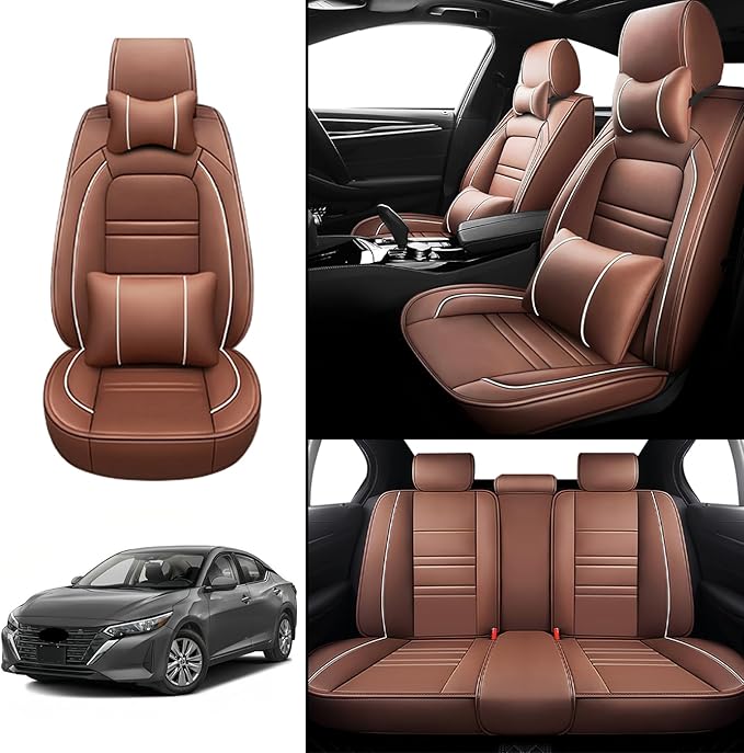 Car Seat Covers for Nissan Car sentra 2000-2025 | 5-Seats Seat Covers, Waterproof Seat Protectors, Automotive Seat Covers (Full Set with Pillow,Coffee)