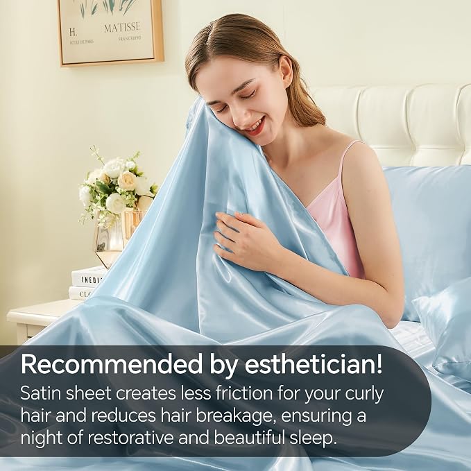 BEDELITE Satin Sheets Twin Size Bed Set, Luxury Soft Light Blue Silky Sheets - Image 4