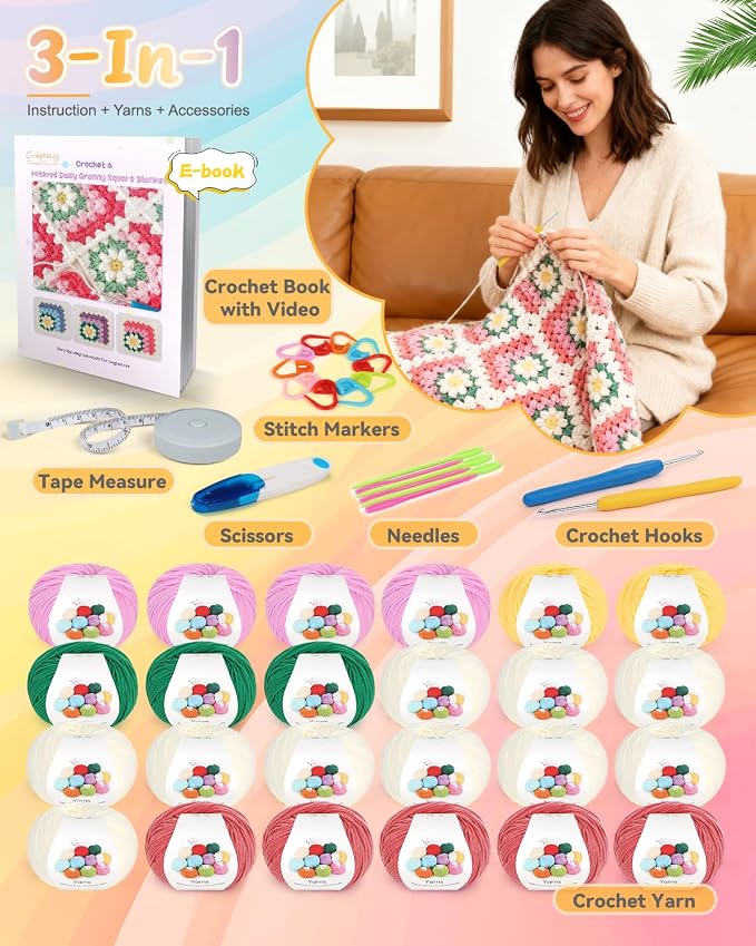 Coopay 3D Blanket Crochet Kit for Beginners, All-in-One Granny Square Blanket - Image 6
