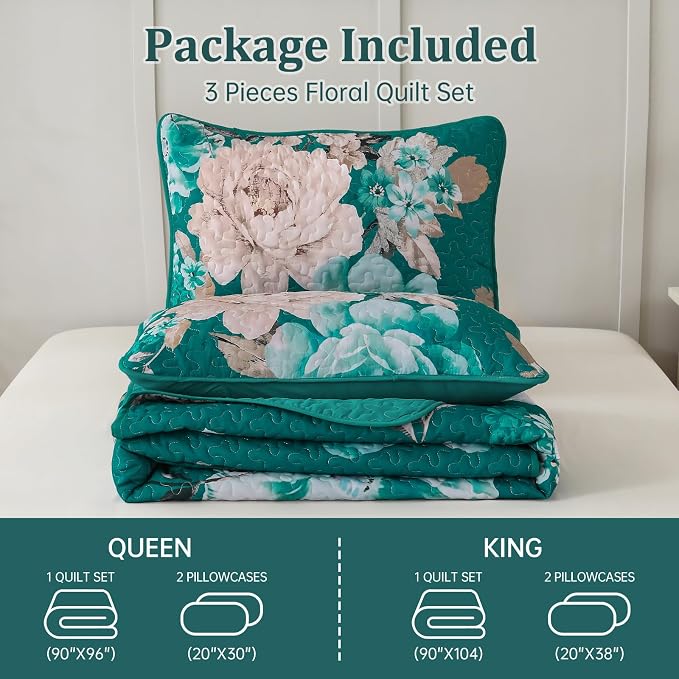 WONGS BEDDING Teal Boho Floral Quilt Set Queen, Elegant Flower Bedspread - Image 8