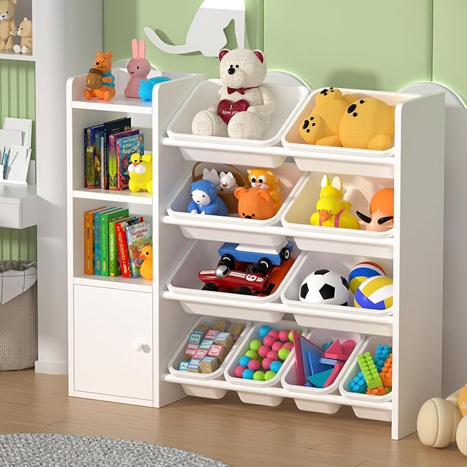 Toy Storage Organizer with 3 Shelves 1Lockers and 10 Bins, Toy Organizers Storage Bookshelf, Kids Bin Shelf Toys Box Bookcase for Bedroom Playroom Organization Room Decor - 100% Solid Wood