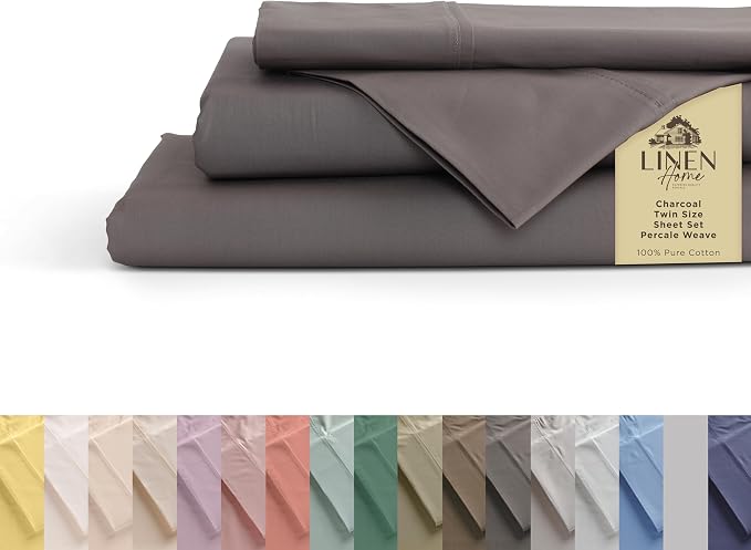 Linen Home 100% Cotton Percale Sheets Twin Size, Deep Pocket, 3 Pieces Set by LINENHOME