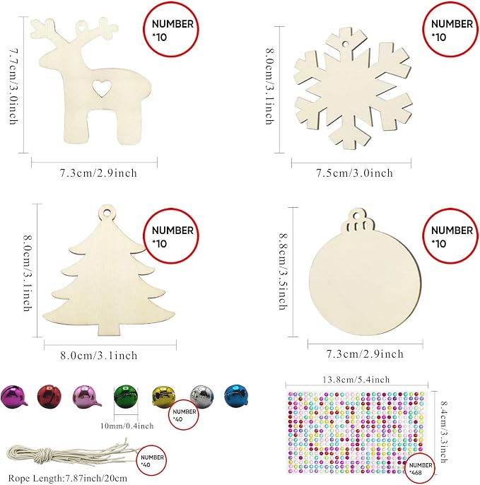 Hidreas 40 Pcs Wooden Ornaments Unfinished Christmas DIY Ornaments Craft Kit - Image 2