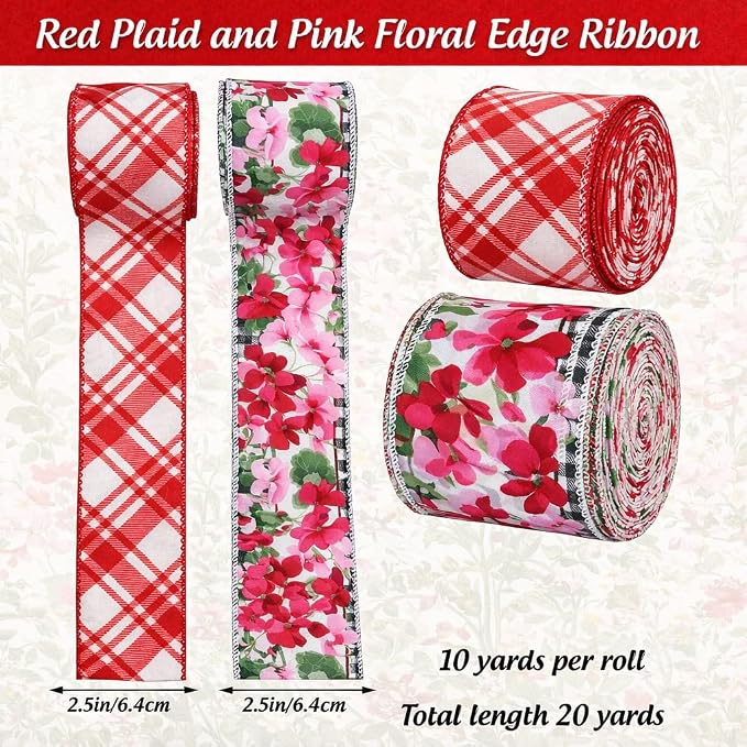 2 Rolls Red Floral Wired Ribbon, 2.5 Inch x 10 Yards Each, Vintage Red Pink - Image 3