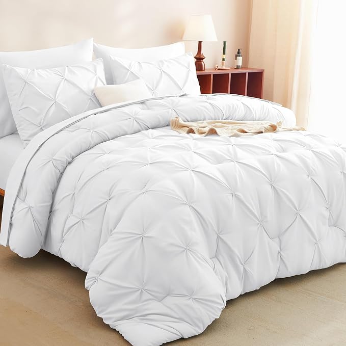CozyLux King Size Comforter Set White, 7 Pieces Pintuck Bed in A Bag White by CozyLux