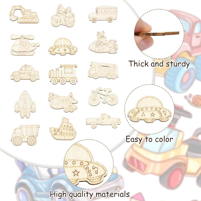100 pcs Mixed Styles Transportation Theme Undyed Wood Cutout Charms Car Vehicle - Image 3