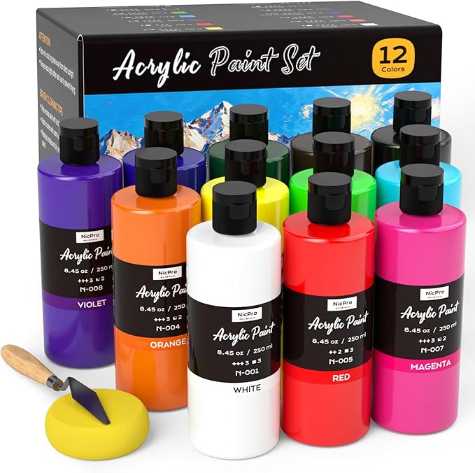 Nicpro 12 Colors Large Bulk Acrylic Paint Set Rich Art Painting Supplies by Nicpro