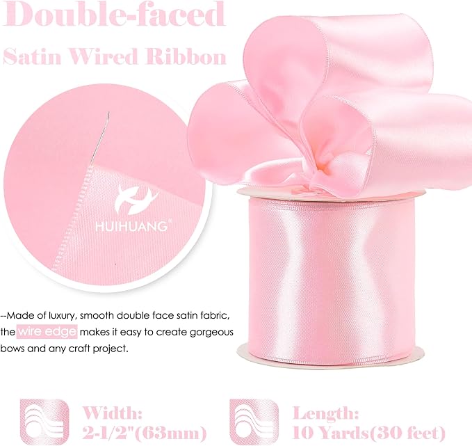 HUIHUANG Pink Satin Wired Ribbon 2.5 inch Light Pink Double Sided Satin Wire - Image 2