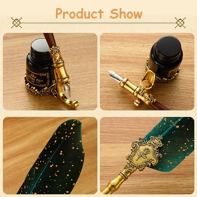 Joyeee Glittering Quill Pen Ink Set, 16 Piece Antique Dip Feather Pen Set - Image 7