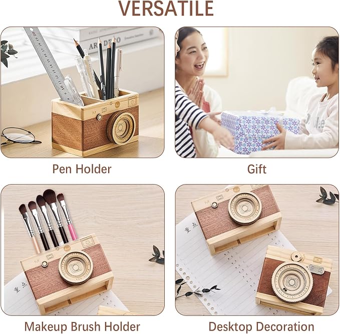Vintage Wooden Camera Pencil Holder – Retro Desk Organizer - Image 6