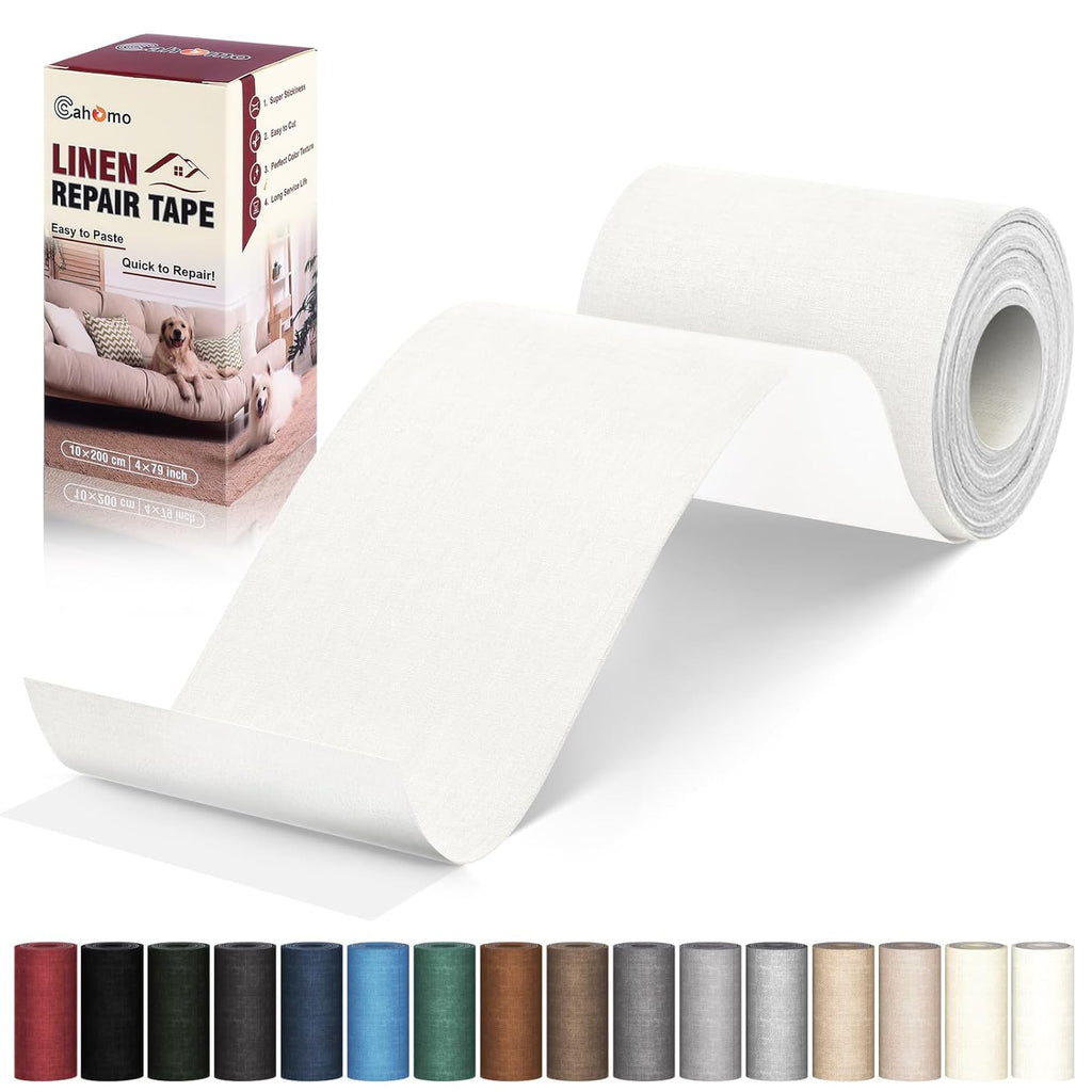 Linen Repair Tape 4x79 inch, Self Adhesive Fabric Patches, Linen Patch Tape Kit, Fabric Repair Tape for Couch Sofas, Headboards, Chairs, Pillows, Curtains, Couches - White