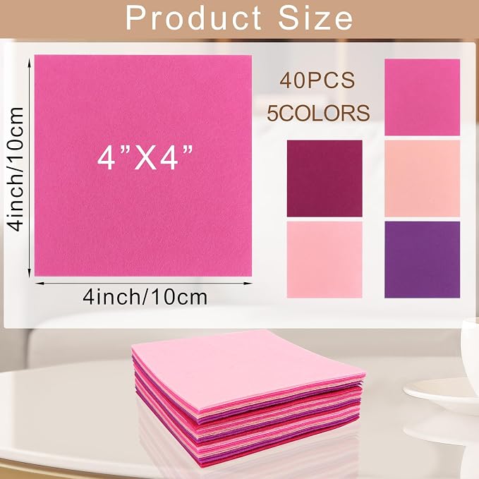 40 Pcs Stiff Felt Fabric Sheet for Crafts, 1mm Thick and 4”x 4”Pink Series Felt - Image 2