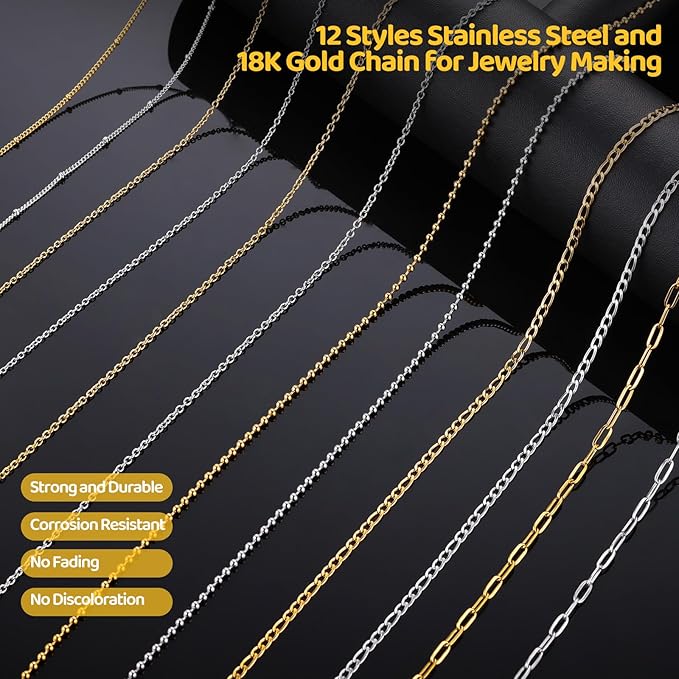 Zefy 18K Gold Silver Chain for Jewelry Making Kit, 39.6ft 12 Rolls Stainless - Image 2
