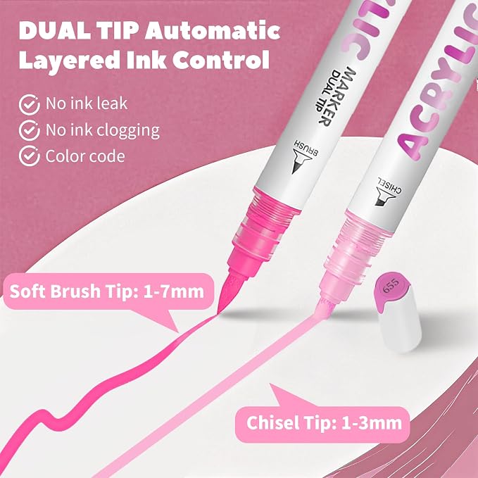 Pink Acrylic Paint Pens, Water Based 12 Colors Dual Tip Acrylic Paint Markers - Image 3