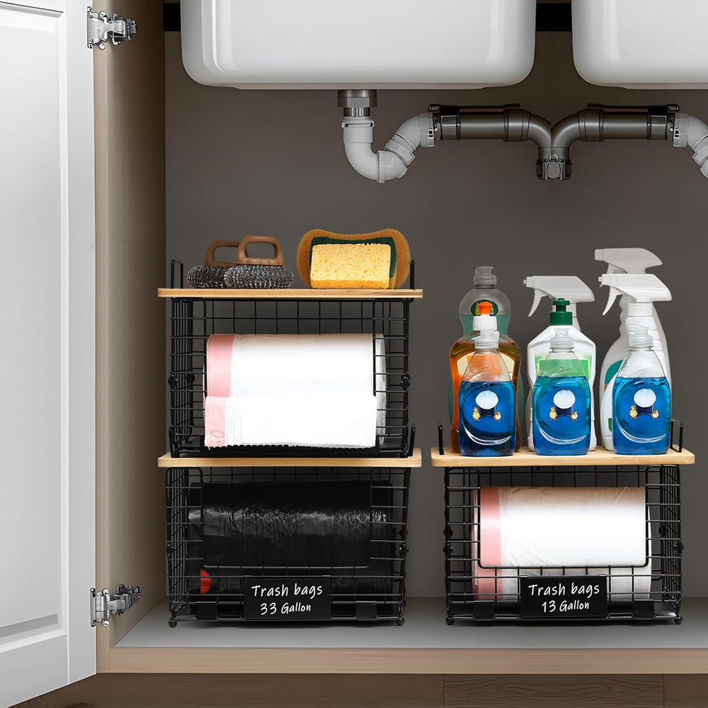 1 Pack Stackable Storage Trash Bag Baskets with Bamboo Top, Large & Standard Trash, Garbage Bag Holder Dispenser, Multiuse Basket for Kitchen Pantry Cabinet Counter Under Sink Laundry Organizing