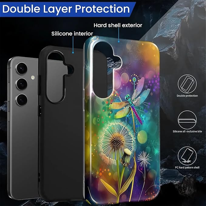 for Samsung Galaxy S24 Case, Dragonfly Dandelion Colorful Pattern Glossy 2 in 1 - Image 3