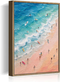 Framed Pastel Coastal Surfers Canvas Wall Art Aerial View of Vibrant Beach by HomeifHue
