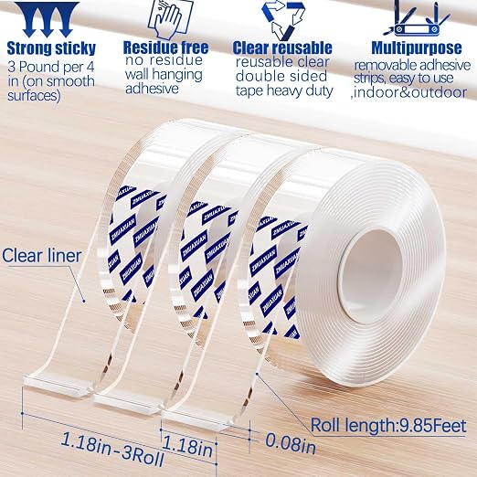 ZMUAXUAN Clear Double Sided Adhesive Mounting Tape Heavy Duty Removable - Image 2