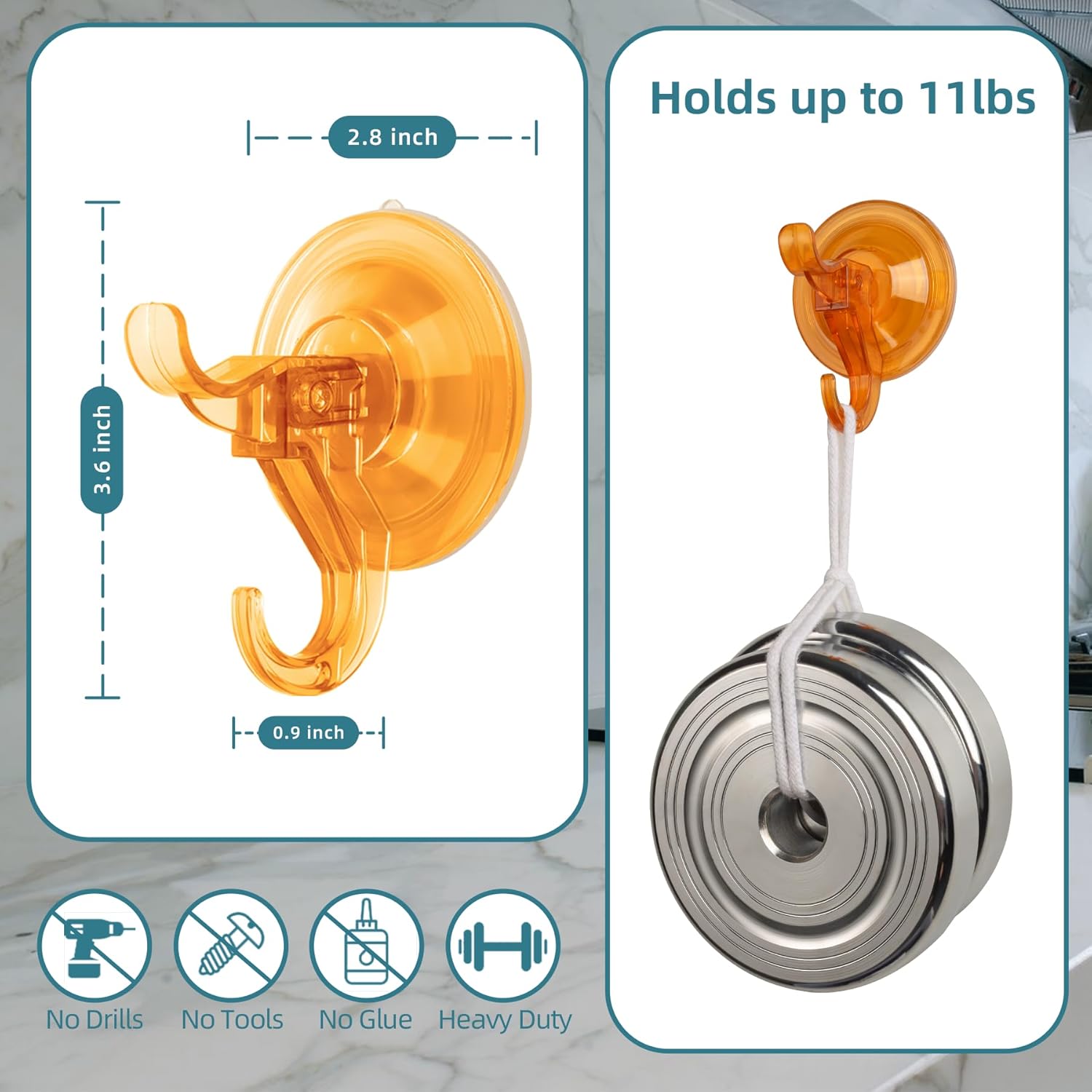 Suction Cup Hooks, 5 Pack Wreath Door Hanger, Removable Small Suction Cups for Shower, Bathroom, Glass, Door, Windows, Kitchen-Up to 11 lbs on Smooth Surface-2 Hooks Design (Transparent Orange)