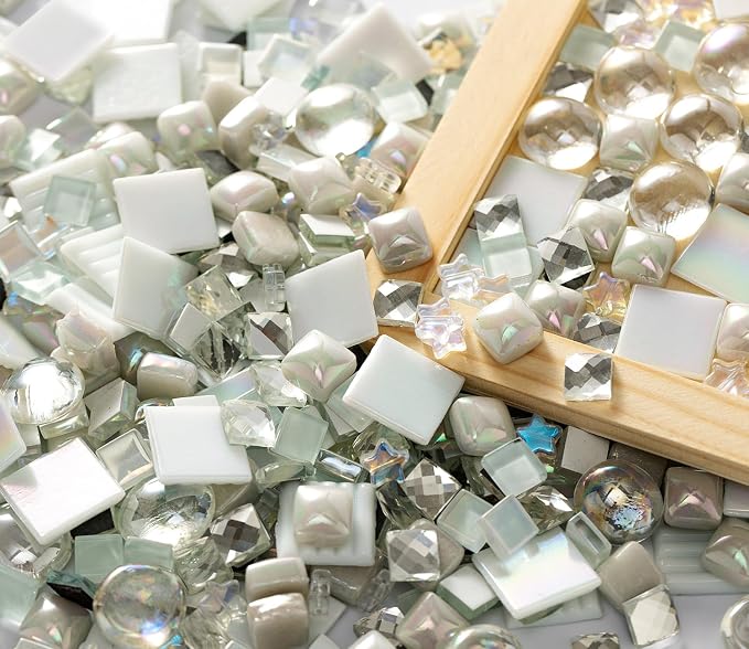 Lanyani 430Pcs Iridescent White Glass Mosaic Tiles Variety Styles Mosaic Tiles - Image 4