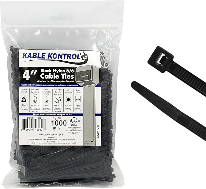 Kable Kontrol Cable Zip Ties 1000 Pcs 4 Inch Black, 18 Lbs Tensile Strength by KABLEKONTROL%C2%AE