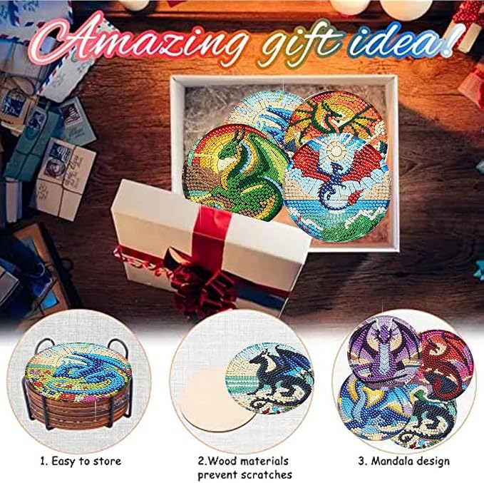 Zythron 8 Pack Diamond Art Coasters, Dragon Diamond Painting Coasters Kits | - Image 7
