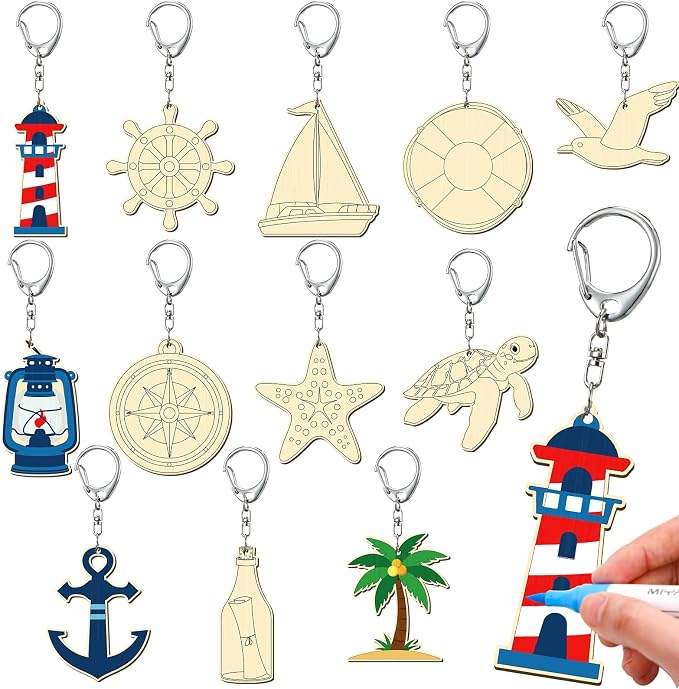 RattanView 24 Pcs Nautical Craft Color Your Own Keychains DIY Craft Wooden by RattanView
