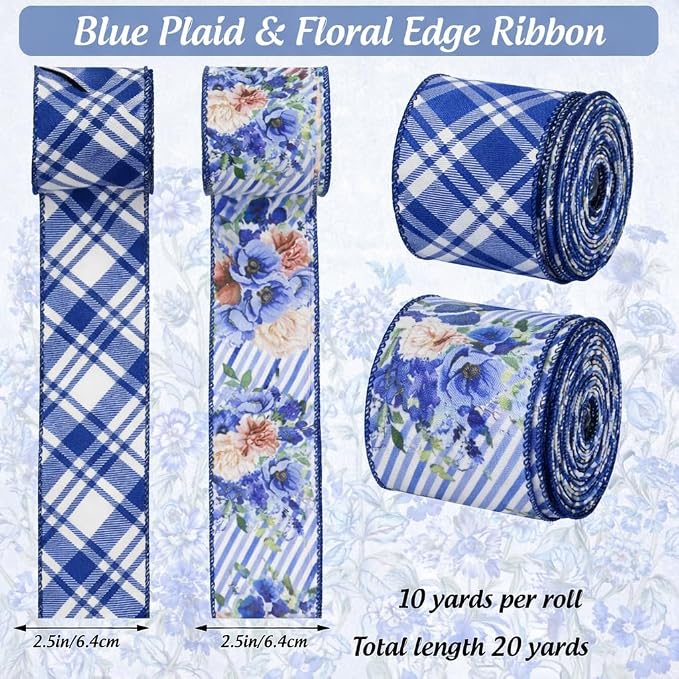 Blue Floral Wired Ribbon 2 Rolls, 2.5 Inch x 20 Yards Vintage Blue and White - Image 3