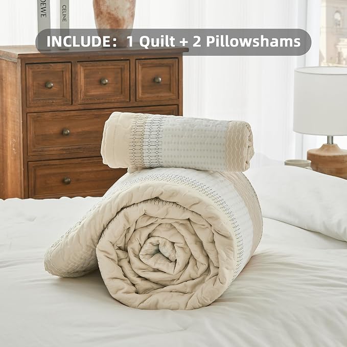 Andency Queen Quilt Bedding Set Beige, 3 Pieces Patchwork Beige Striped Ultra - Image 7
