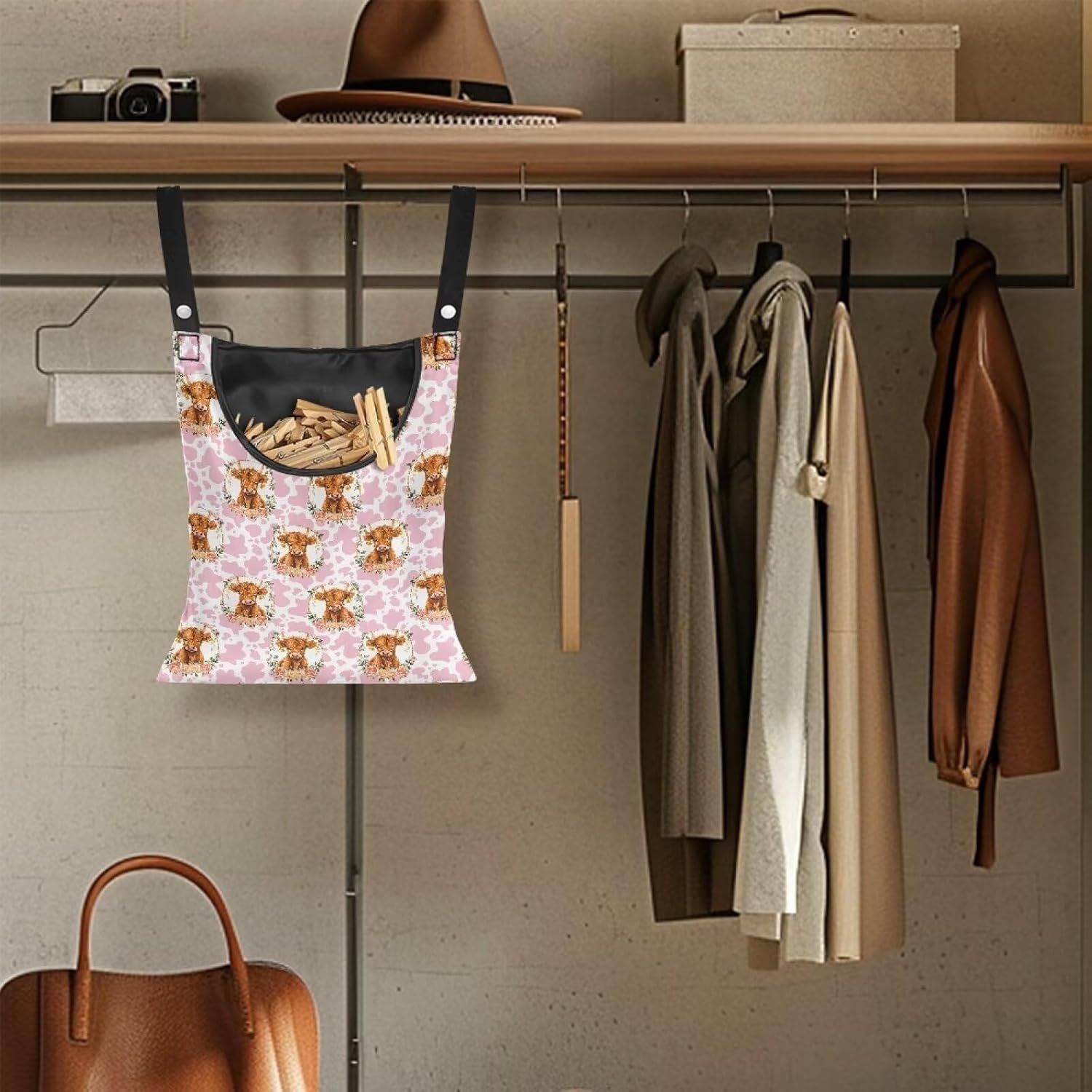 Cattle Clothespin Bags with Hanging Rope Pink Cow Print 14.5 x 12 Inch Summer Waterproof Laundry Clothes Pin Holder Clothespin Storage Organizer with Large Opening